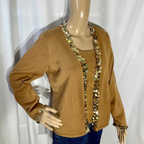 Camel Twinset with Sequins Sz Med - Picture 1 of 14